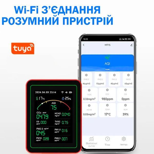 Детектор монитор качества воздуха Tuya WiFi 15-в-1 с TFT-дисплеем Анализатор с управлением через приложение Черный 117210 фото