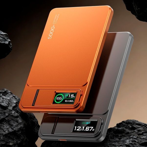 Павербанк 10000 мАч 3в1 20W с магнитной беспроводной зарядкой, TFT-дисплеем и подставкой для iPhone и iWatch MagSafe Оранжевый 117434 фото