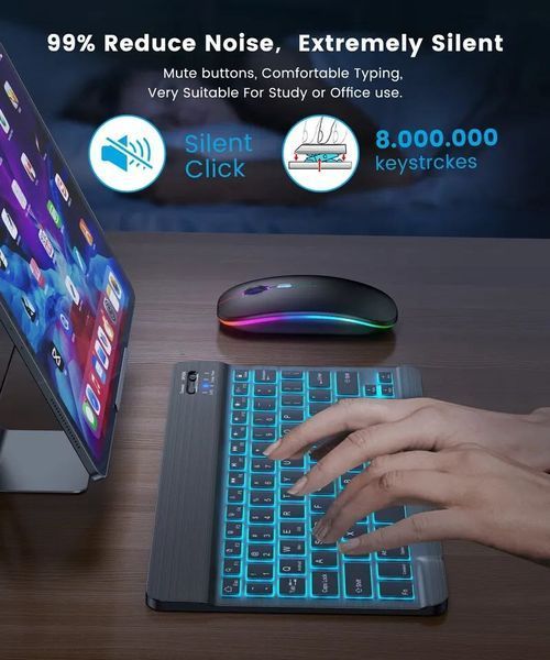 Универсальная беспроводная Bluetooth клавиатура + мышка с RGB подсветкой 25х15см Черная Кл+м-Ч фото