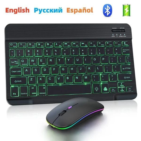 Универсальная беспроводная Bluetooth клавиатура + мышка с RGB подсветкой 25х15см Черная Кл+м-Ч фото
