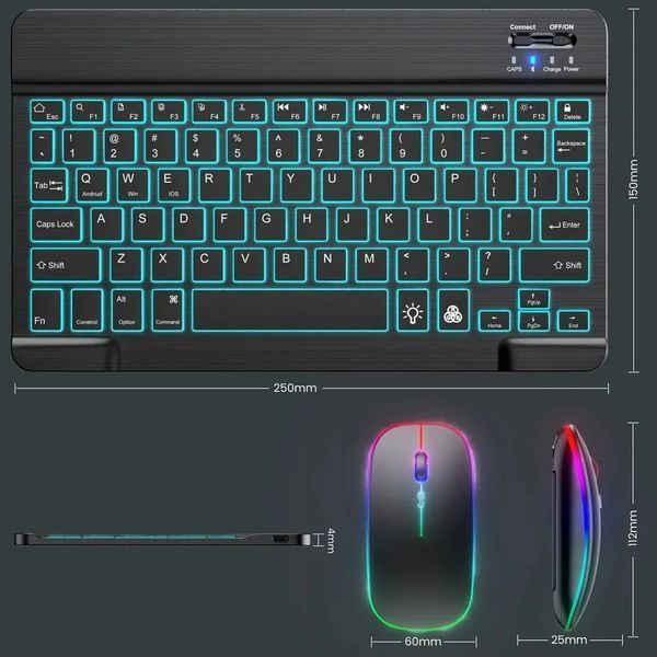 Универсальная беспроводная Bluetooth клавиатура + мышка с RGB подсветкой 25х15см Черная Кл+м-Ч фото