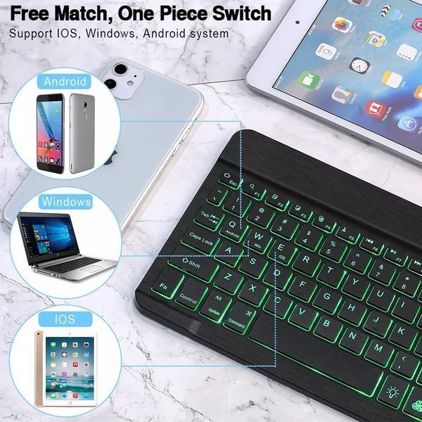 Универсальная беспроводная Bluetooth клавиатура + мышка с RGB подсветкой 25х15см Черная Кл+м-Ч фото