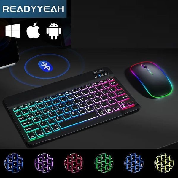 Универсальная беспроводная Bluetooth клавиатура + мышка с RGB подсветкой 25х15см Черная Кл+м-Ч фото