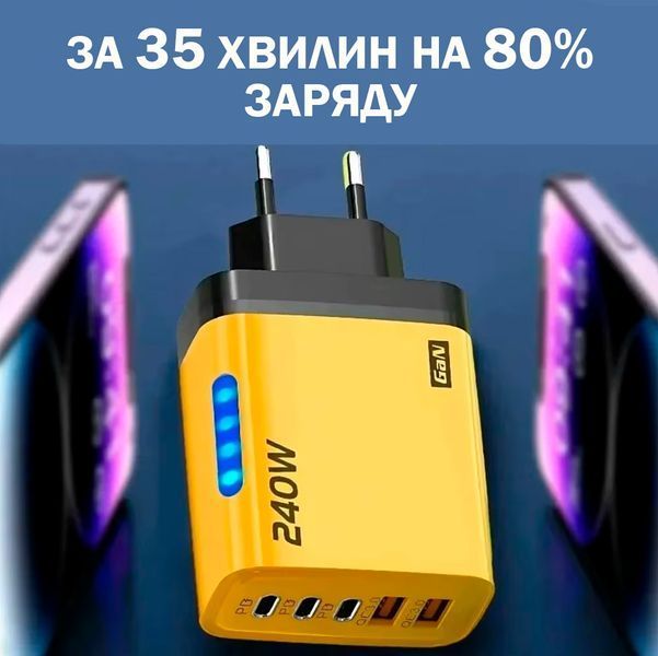 Сетевое зарядное устройство 5в1 USB-C GaN 240W с 3PD и 2QC3.0 Желтый 117505 фото