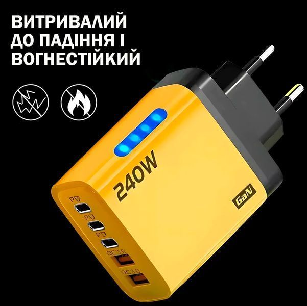 Сетевое зарядное устройство 5в1 USB-C GaN 240W с 3PD и 2QC3.0 Желтый 117505 фото