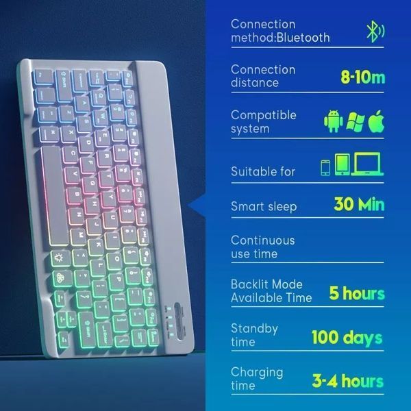 Универсальная беспроводная Bluetooth клавиатура + мышка с RGB подсветкой 25х15см Белая Кл-м-Б фото