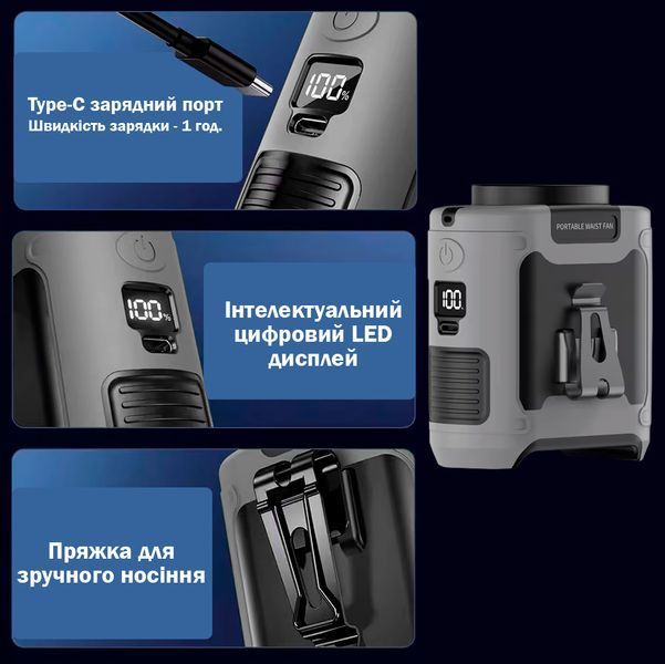Вентилятор портативний 3в1 з ліхтариком і повербанком 10000 мАг Універсальний Сірий 116384 фото
