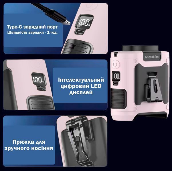 Вентилятор портативний 3в1 з ліхтариком і повербанком 10000 мАг Універсальний Рожевий 116386 фото