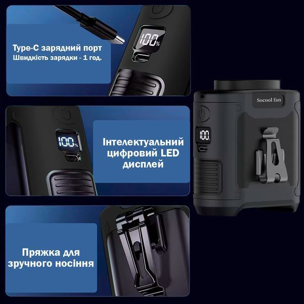 Вентилятор портативний 3в1 з ліхтариком і повербанком 10000 мАг Універсальний Чорний 116387 фото