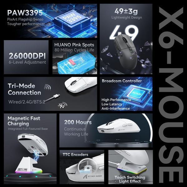 Беспроводная игровая портативная мышь Attack Shark X6 PAW3395 с зарядной базой Bluetooth Белый 115524 фото