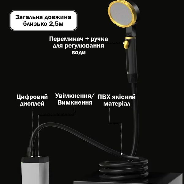 Портативный душ на аккумуляторе Lixada 6000 mAh Переносной Мини Душ с дисплеем Серый 116303 фото