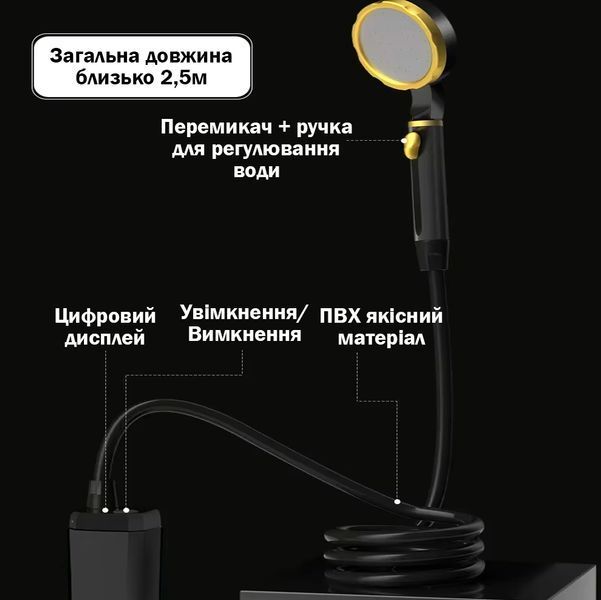 Портативный душ на аккумуляторе Lixada 6000 mAh Переносной Мини Душ с дисплеем Черный 116304 фото