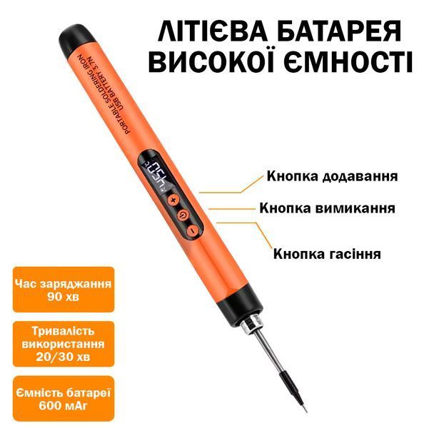 Беспроводной Компактный Паяльник с аккумулятором и дисплеем в кейсе USB 600mAh Оранжевый 117338 фото