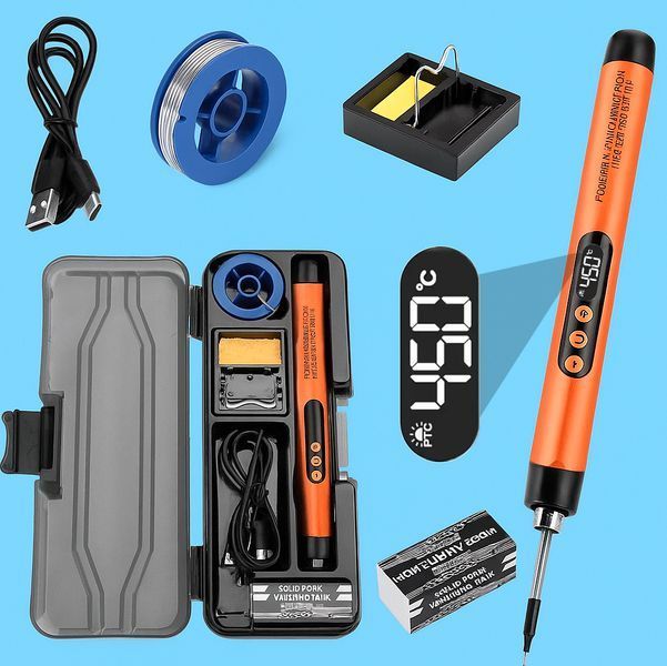 Беспроводной Компактный Паяльник с аккумулятором и дисплеем в кейсе USB 600mAh Оранжевый 117338 фото
