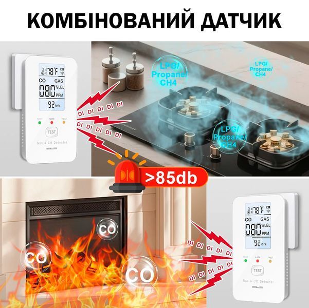 Детектор 4в1 GC03 утечки газа и угарного газа CO с дисплеем, сигнализацией, измерением температуры и влажности Белый 117433 фото
