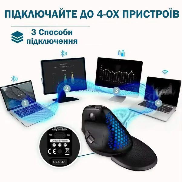 Мышка Анатомическая Беспроводная Вертикальная Delux M618 XSD Seeker Эргономичная для ПК ноутбука Черная 116054 фото