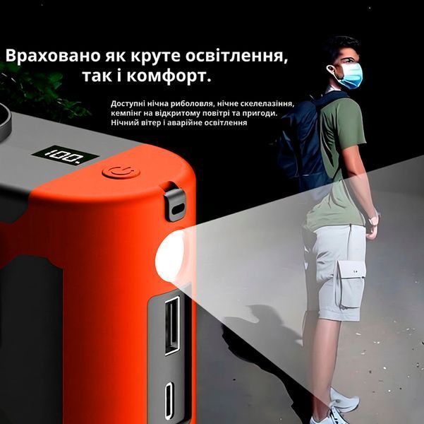 Вентилятор портативный 3в1 с фонариком и повербанком 10000 мАч USB/Type C выходы и крепление на пояс Оранжевый 117657 фото