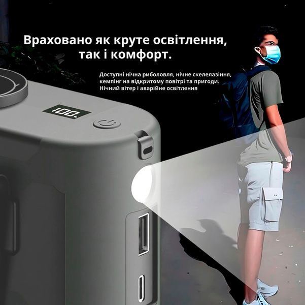 Вентилятор портативный 3в1 с фонариком и повербанком 10000 мАч USB/Type C выходы и крепление на пояс Серый 117660 фото