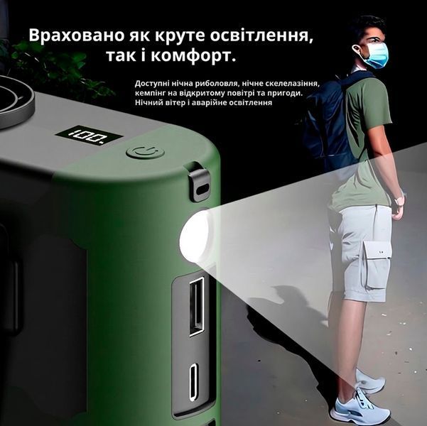 Вентилятор портативний 3в1 з ліхтариком і повербанком 10000 мАг USB / Type C виходи і кріплення на пояс Зелений 117656 фото