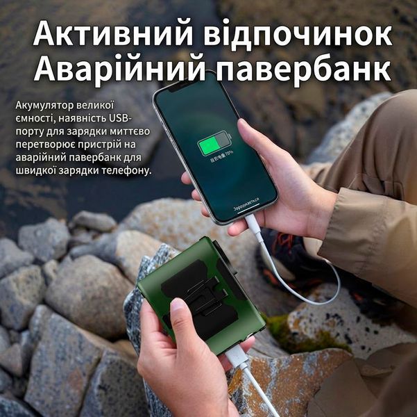 Вентилятор портативний 3в1 з ліхтариком і повербанком 10000 мАг USB / Type C виходи і кріплення на пояс Зелений 117656 фото