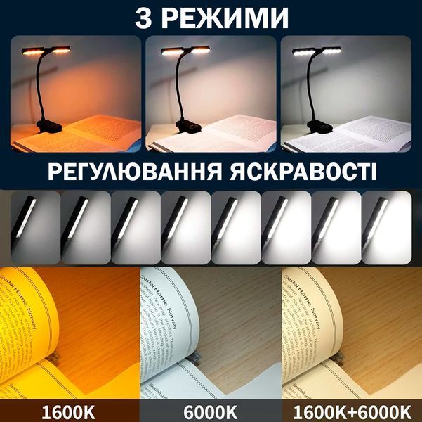 Лампа-прищепка для чтения 8 уровней яркости 14 LED Лампа для книг с сенсорным управлением 7Вт Черная 117308 фото
