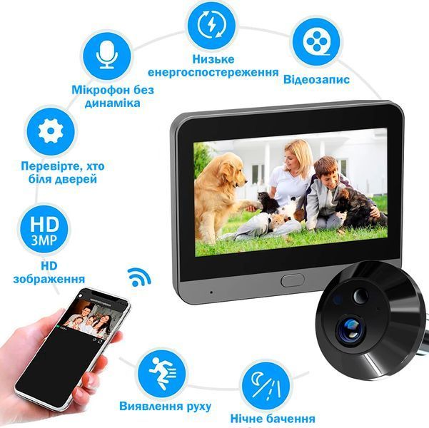 Умный Дверной Глаз Tuya Smart 1080P с 4.3" дисплеем и 3MP HD камерой Черный 117060 фото