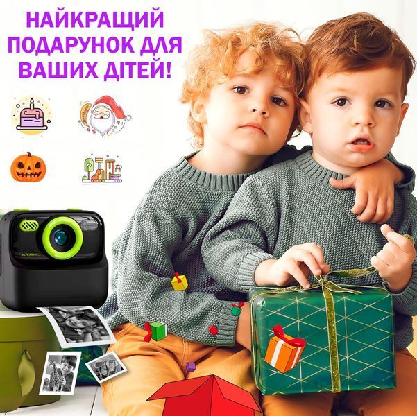 Детский фотоаппарат Цифровая камера мгновенной печати 32 Гб HD 1080P с двумя объективами + 3рул. фотобумаги Черно-зеленая 117034 фото