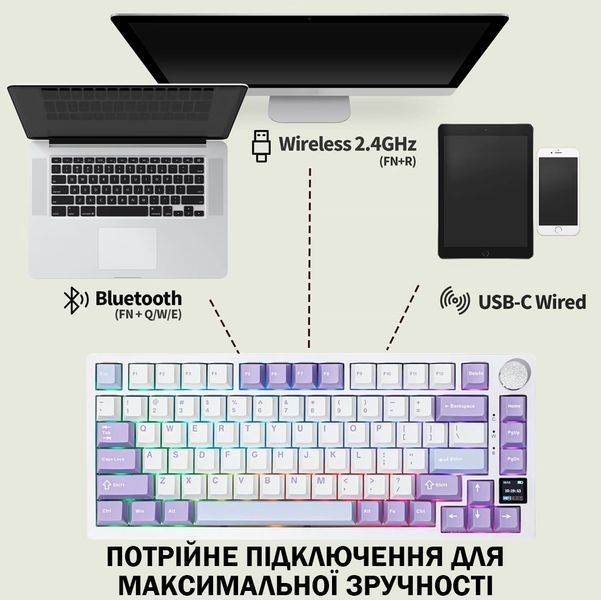 Клавиатура беспроводная механическая AJAZZ AK820 Pro Bluetooth 5.1/2.4G с дисплеем / RGB подсветкой Универсальная Бело-фиолетовый 116451 фото