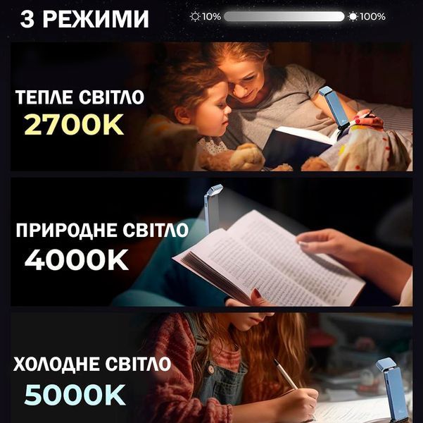 Лампа LED для ночного чтения 3 режима Лампа-закладка для книг Лед Синяя 116453 фото